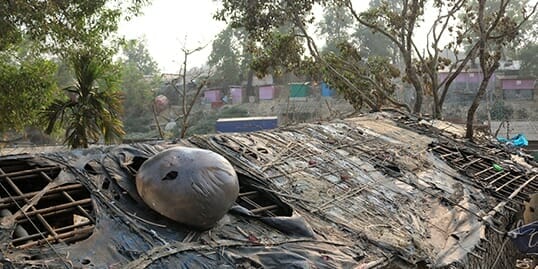 A severely fire damaged shelter in the camps of Cox's Bazar, Bangladesh.